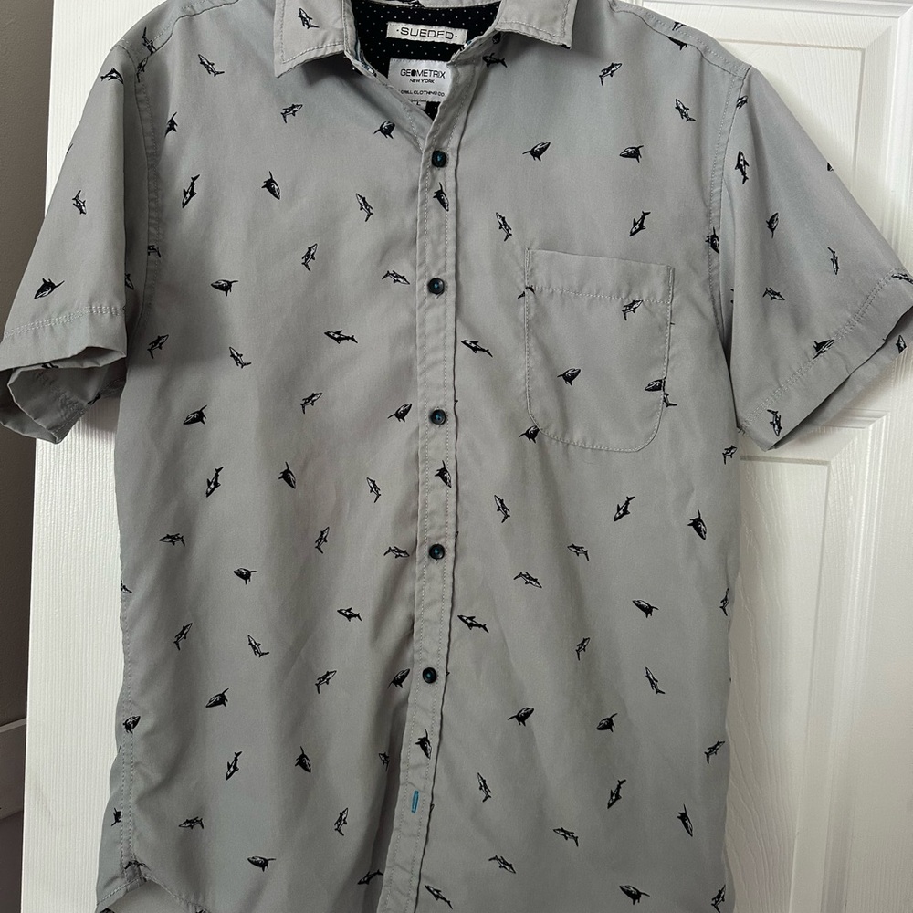 Gray Casual Button Down Shirt with Bird Pattern